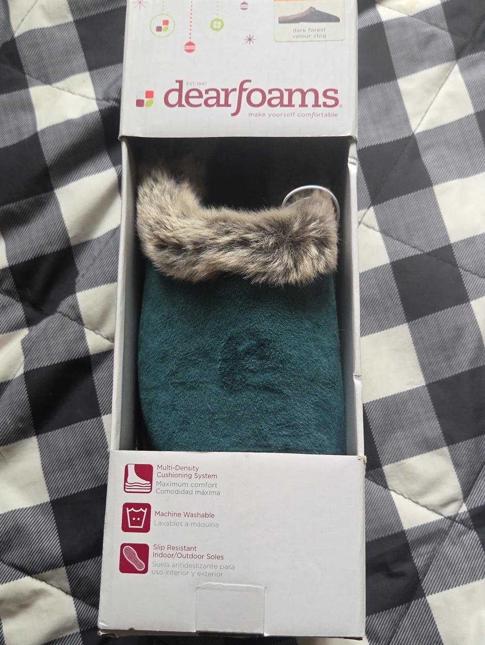 Dearfoams Dark Forest Velour Clog, Faux Fur Trimmed